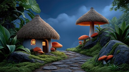 Enchanted forest village at night