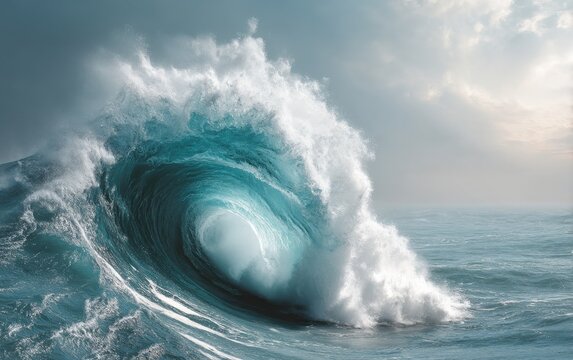 A large wave is crashing into the shore, creating a powerful and dynamic scene