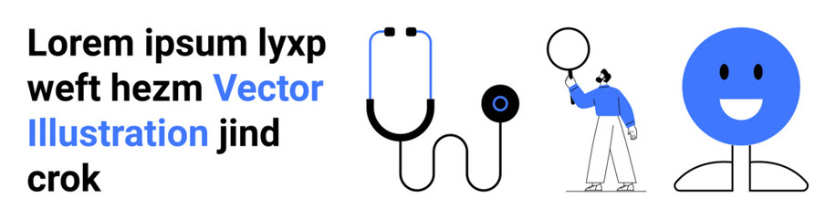 Stethoscope, person analyzing with magnifier, blue smiling face. Ideal for healthcare, medical analysis, well-being, diagnostics, technology, creative design concepts simple landing page