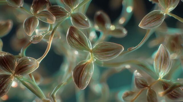 Microscopic view of a genetically modified microgreen plant reveals intricate details of leaves and stems, highlighting precise genetic alterations for enhanced growth
