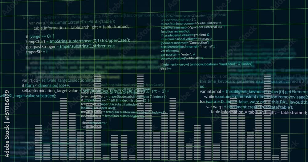 Poster audio starting equalizer bars surging reacting to audio while code snippets scrolling over grid