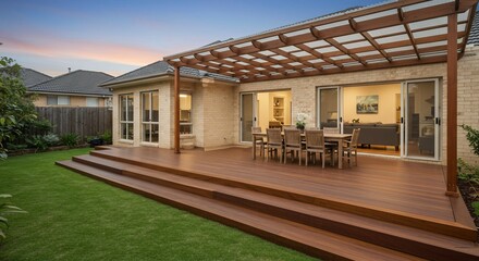 Home outdoor deck with table set for al fresco dining in the garden at dusk