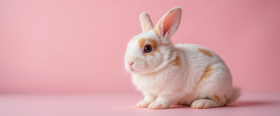 Fototapeta premium Adorable white and orange Dutch rabbit sitting sideways on pastel pink background, cute spotted bunny with upright ears perfect for pet stock photography