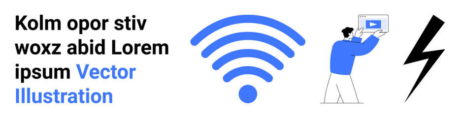 Large wireless signal icon, person holding a laptop displaying a screen, and a bold lightning bolt symbol. Ideal for technology, connectivity, internet, power, innovation, remote work simple landing