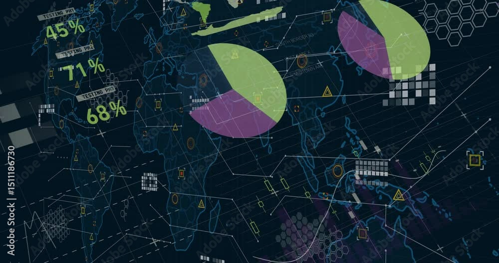 Poster on load digital infographic animating gauges rising bars tracing graph rotating map showing metrics