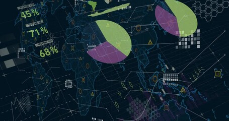 On load digital infographic animating gauges rising bars tracing graph rotating map showing metrics - Powered by Adobe