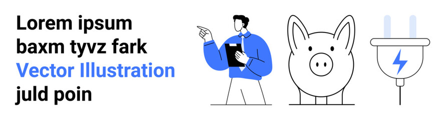 Professional presenting financial strategy using clipboard, piggy bank symbolizing savings, and plug for energy efficiency. Ideal for finance, energy, eco-friendly, education, business strategy