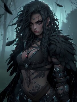 Anime style fierce warrior in stormy forest.