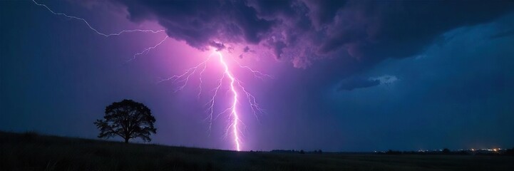 A powerful bolt of lightning illuminates a dark, stormy sky, striking a distant treetop The dramatic light creates a vibrant contrast against the ominous clouds , natural, thunder, bolt