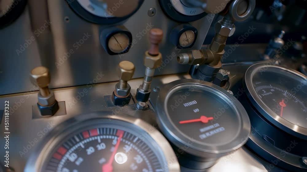 Poster technical control panel displaying intricate gauges, dials, and instruments precisely tracking tempe