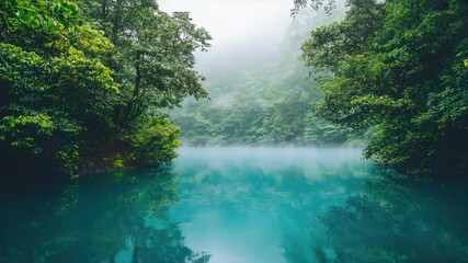 Misty, tranquil lake nestled in a lush, verdant valley.  A serene, reflective pool of water surrounded by dense, green jungle foliage, with a hazy, misty atmosphere