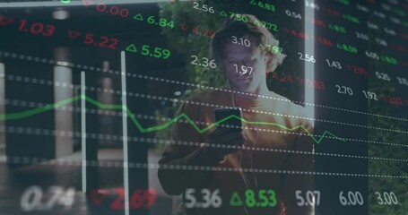 Man tapping smartphone starting floating stock data and monitoring market gains in LED-lit corridor - Powered by Adobe
