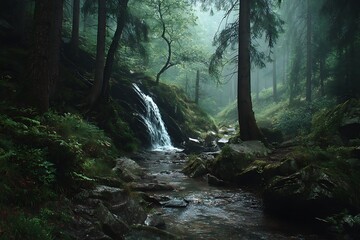 Obraz premium Misty Forest Waterfall Stream.