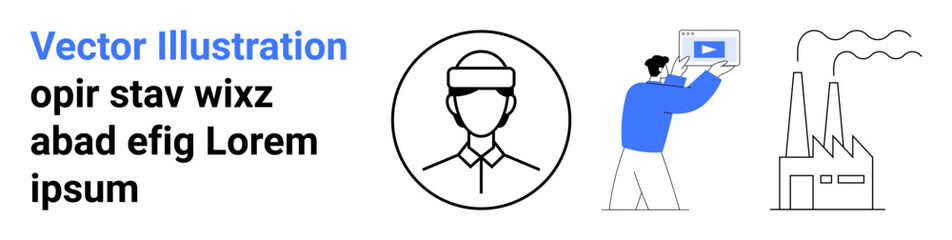Factory worker icon, person holding tablet streaming video, industrial building with smoke. Ideal for technology, industry, workforce, innovation, training, manufacturing simple landing page