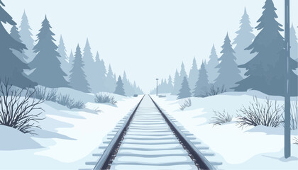 Obraz premium Snowy Railroad Through Winter Forest