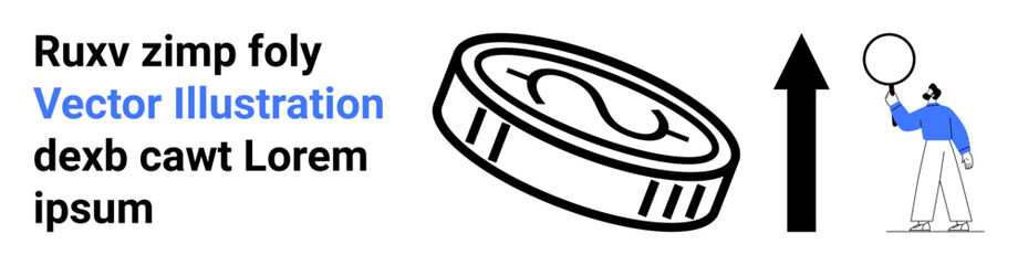 Dollar coin alongside upward arrow and person holding a circular object. Ideal for growth, finance, investment, business success, direction, economic trends, simple landing page