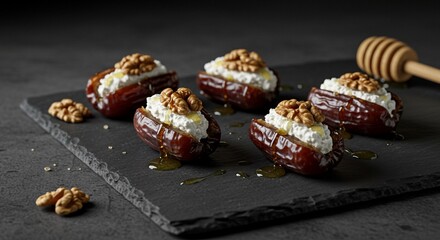 Delicious medjool dates stuffed with creamy goat cheese walnuts and honey drizzle food dark life rich