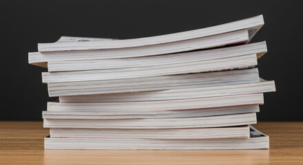 Close up Stack of Magazines Publications on Wooden Table Indoor