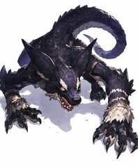 Dragon like fantasy creature sharp teeth claws long tail white background