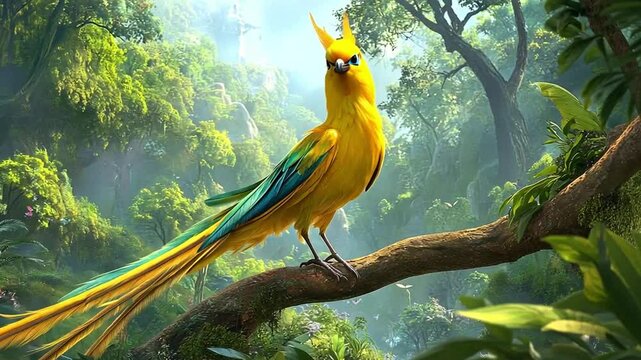 Colorful cartoon tropical macaw parrot with vibrant blue, green, yellow, and red feathers on a branch in the jungle, isolated