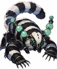 Fantasy anime creature with black white stripes, glowing eyes, spherical ornaments on white background.