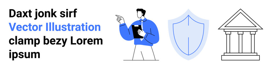 Professional holding clipboard and pointing, representing organization, shield for security, classical building for authority. Ideal for concepts thumbs up guidance, protection, governance