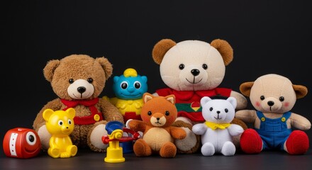 Obraz premium Collection of Cute Teddy Bears and Plush Toys on Black Backdrop