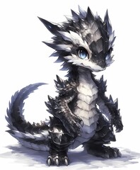 Anime illustration of a dragon-like fantasy creature in white and black armor, white background.