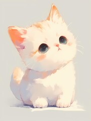 Anime illustration, white cat, blue eyes, sitting, animal art, digital painting.