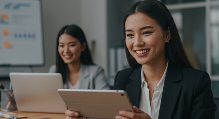 Obraz premium Portrait of Asian Woman Holding Tablet in Office Smiling Radiantly