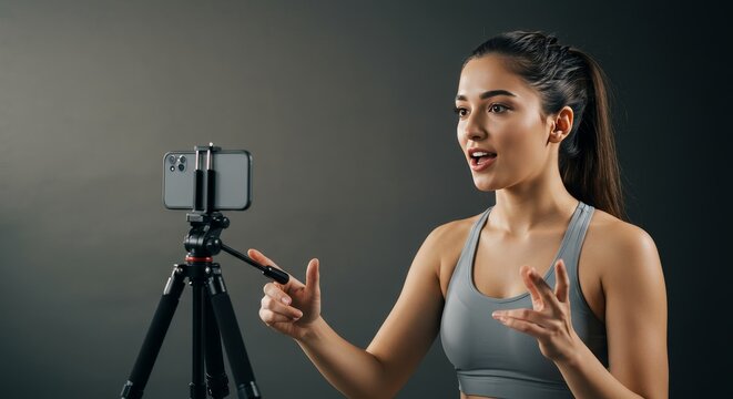 Portrait of Athlete Woman Vlogging Fitness Content Creation with Phone