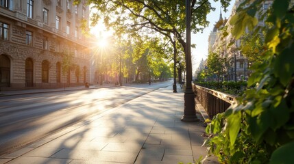 Obraz premium Sunlit City Street with Trees and Buildings Casting Shadows creating a Tranquil Scene with Green Foliage