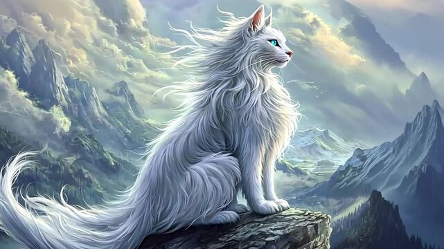 A majestic wild dog, a wolf in the snow-covered mountains, its fur blending with nature's wintry embrace