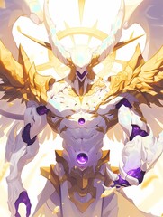 Majestic godlike anime character, gold feathered wings, golden halo, white armor, radiating power, glowing purple orbs.