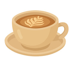 Vector cup of coffee with latte art on saucer, cozy flat clipart for cafe and breakfast designs.