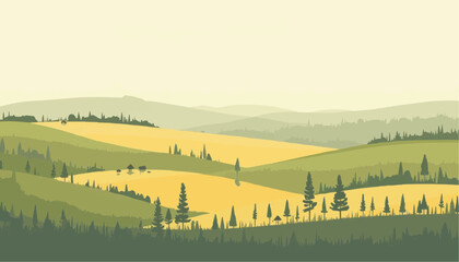 Green and yellow landscape with hills and trees