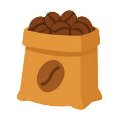 Vector bag filled with coffee beans, cozy flat cartoon clipart for cafe and food-themed designs.