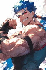 Muscular male character blue hair red eyes flexing biceps well defined physique confident grin