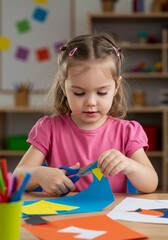 Cute Girl Cutting Color Paper with Scissors in Indoor Studio