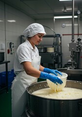 Dairy Food Worker Mixing Cheese Curd with Gloves in Stainless Steel Vat