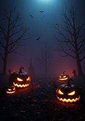 Dark Night Pixel Halloween Jack O Lantern Pumpkin Grave Tree Bats