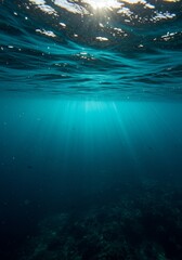 Deep Blue Ocean Sunlight Rays Underwater Scene Nature Background