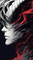Anime digital artwork male figure flowing hair black background red waves neon lights.