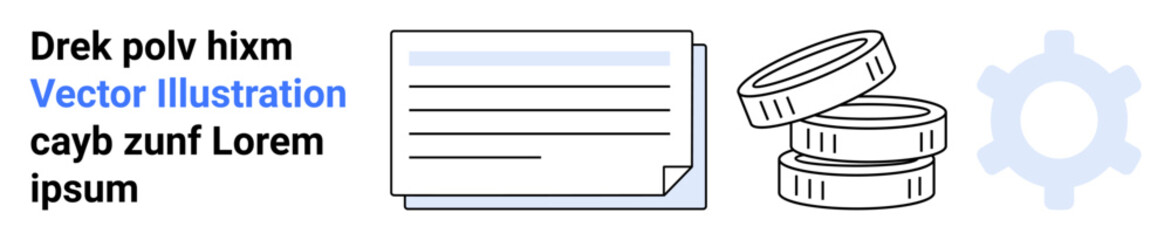 Coins stacked next to a document and gear. Represents financial management, planning, economy, investment, budgeting, operations, and workflow. Ideal for business concepts web designs simple