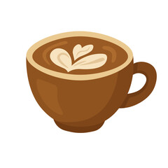 Vector brown coffee cup with creamy latte art, cozy flat cartoon clipart for cafe and breakfast use.