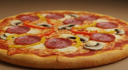 Delicious Pepperoni Pizza with Mushrooms and Peppers on Brown Background