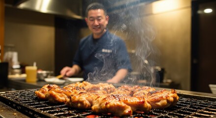 Delicious Meat Cooking On Grill By Chef In Restaurant For Dinner