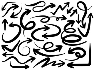 A vector element collection featuring a wide variety of hand-drawn arrows in multiple styles and orientations. suitable for decorative, instructional, or graphic design purposes