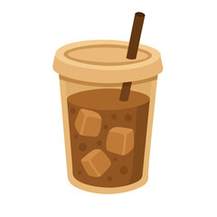 Vector iced coffee with straw and lid, cozy flat cartoon clipart for cafe and summer drink themes.