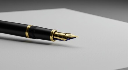 Detailed 3D Render of Gold Nib Fountain Pen on White Paper
